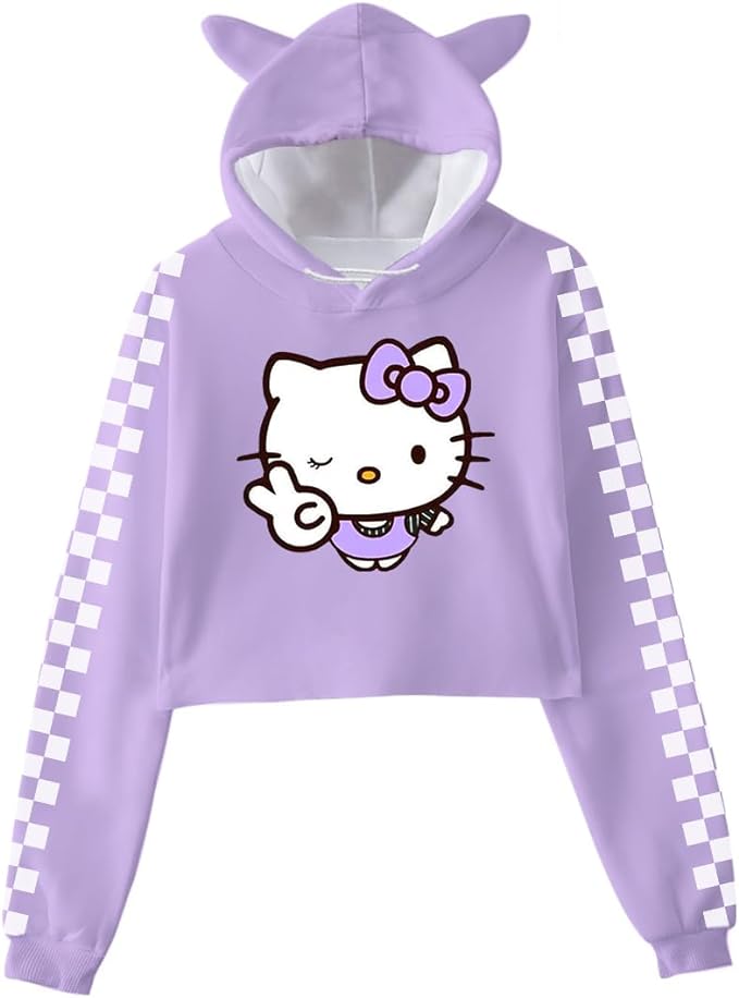 Hello Kitty Purple Hoodie with Cat Ears, Checkered Sports Sweatshirt