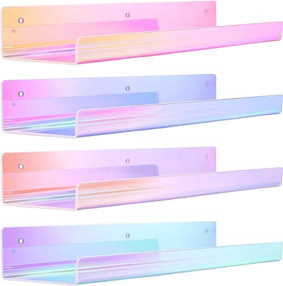 Iridescent Acrylic Shelves for Wall Storage, 15" Acrylic Floating Shelves, Kids Bookshelf, Nail Polish Holder, Perfume Display Wall Shelves for Bedroom, Living Room, Bathroom, Set of 4