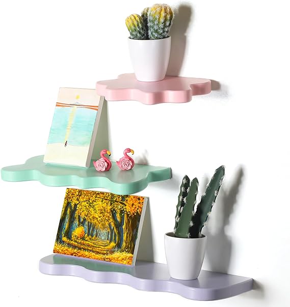 Geetery 3 Pcs Wavy Floating Shelves Cute Cloud Shelves Kawaii Danish Room Decor Funky Squiggle Wall Shelf Preppy Book Shelf for Wall Bedroom Bathroom Display (Pink, Green, Purple,Mixed Style)