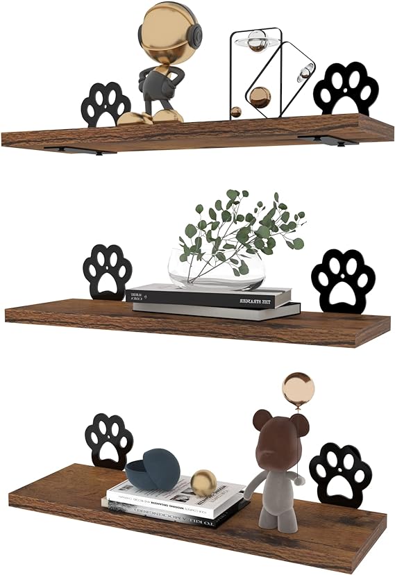 Paw Prints Wall Decor Floating Shelves Set of 3, Cute Rustic Wooden Shelf Decorative Living Room, Bedroom, Bathroom, Log Cabin Shelving Wall Mounted