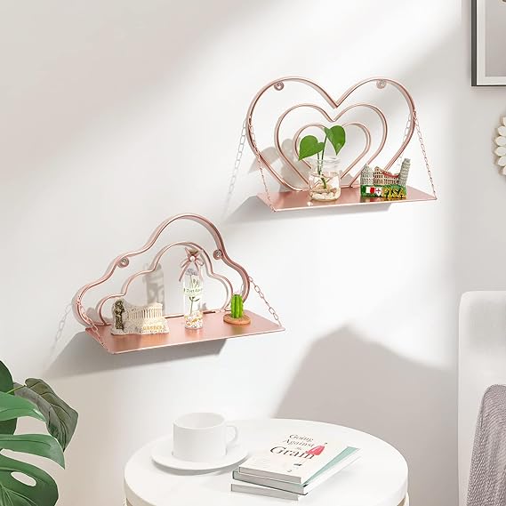 Floating Shelves Rose Gold Multi-Layer Heart Shape Design Hanging Shelves Pink Room Decor, Cute Pink Chain Metal Wall Mounted Shelf for Bedroom, Nursery, Living Room