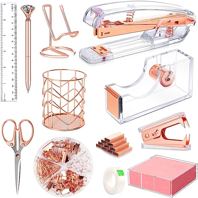 Rose Gold Office Supplies (Stapler, Binder Clips, Notes...)