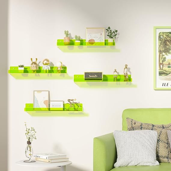 Fluorescent Green Clear Acrylic Shelves for Wall Storage, 15" Acrylic Floating Shelves Wall Mounted, Kids Bookshelf, Display Ledge Wall Shelves for Bedroom, Living Room, Bathroom