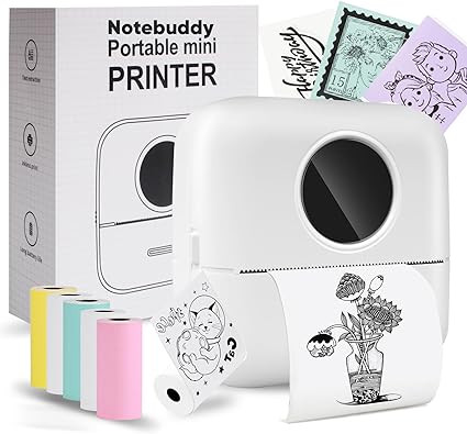 Notebuddy Mini Portable Printer, Bluetooth Smart Pocket Inkless Thermal Printer with 5 Roll Papers for Journal/DIY Scrapbook/Travel/Notes/Lists/Label/Memo, Receipt Printer for iOS&Android, great for school kids college