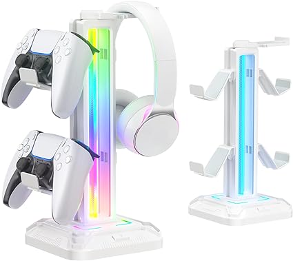 KDD RGB Headset Stand with 9 Light Modes - Controller Holder for Desk - Rotatable Headphone Stand & Detachable Controller Hook for PC Earphone Accessories(White)