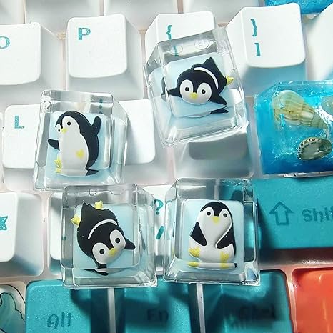 Cute Penguin Anime Keycaps, Blue Ocean Custom Keycaps,4 Pcs Keyboard Keycaps Set, Clear Resin Artisan Keycap with Designs for Gaming Mechanical Keyboards Cherry MX Gateron Switches. (OEM) (4 Penguins)