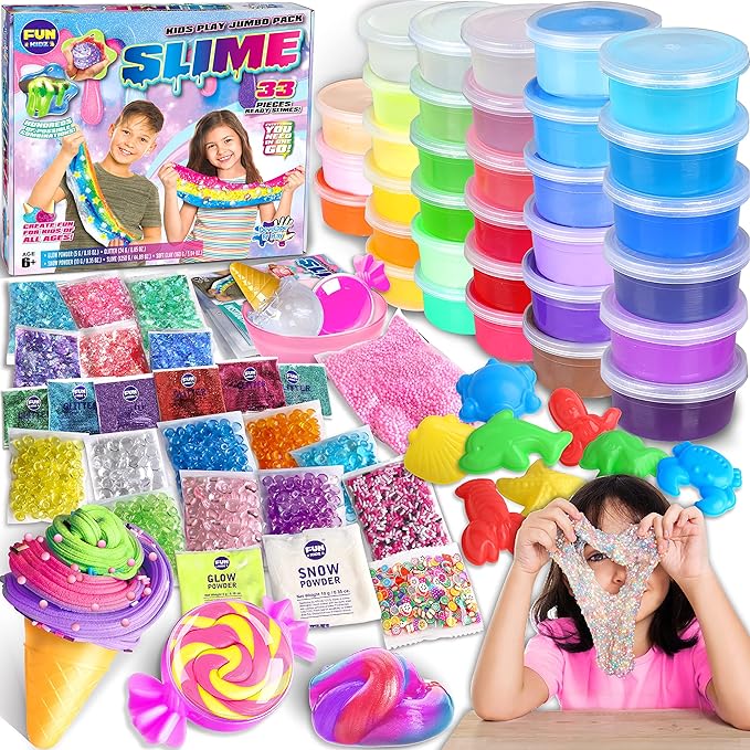 33 Cups Jumbo Slime Kit for Kids, FunKidz Premade Ultimate Slime Pack to DIY Soft, Cloud, Clear, Butter, Glitter, Glow in Dark Slime Making Kits Super Slime Party Favors Gift Toys for Girls and Boys