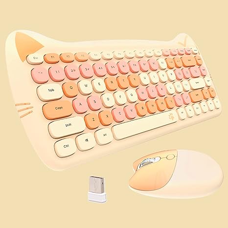 
Cute Cat Keyboard and Mouse Combo Wireless, Kawaii Keyboard and Mouse for Girls and Kids, Soundless Colorful Keys, Compatible with Notebook, PC (MilkTea-84Keys)