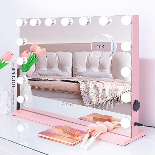 iCREAT Pink Large Makeup Vanity Mirror with Lights,Hollywood Makeup Lighted Mirror with 15 Dimmable LED Bulbs, Pink Desk Mirror,3 Color Modes,USB Charging Port,10X Magnification(Pink)