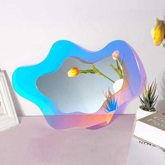 Irregular Wall Mirror Wavy Acrylic Rainbow Mirror Room Decor Aesthetic Mirror Amorphic Vanity Retro Mirror for Bedroom Living Room Bathroom Entryway Wall Decor (Clouds Style,17 x 11 Inch)