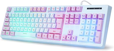 HUO JI Gaming Keyboard USB Wired with Rainbow LED Backlit, Quiet Floating Keys, Mechanical Feeling, Spill Resistant, Ergonomic for Xbox, PS Series, Desktop, Computer, PC, Blue Purple