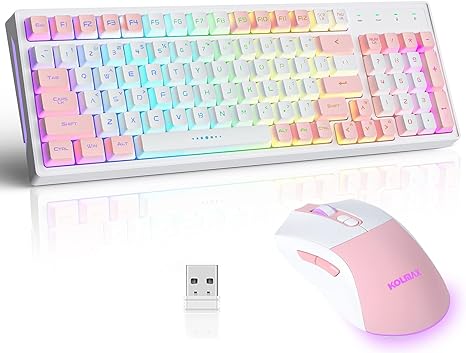 CK98 Wireless Gaming Keyboard and Mouse Combo,Rechargeable RGB White Gaming Keyboard RGB Backlit 98 Keys Mechanical Feeling Dual Color Keyboard and Gaming Mouse 3200DPI for PC Mac Gamers(WhitePink)