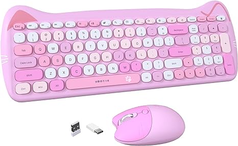 UBOTIE Wireless Keyboards and Mice Combos, Colorful Cute Cat Pattern Slim Compact Size 100keys Keyboard, 2.4GHz Cordless Connection with Optical Mouse (Pink-Colorful)