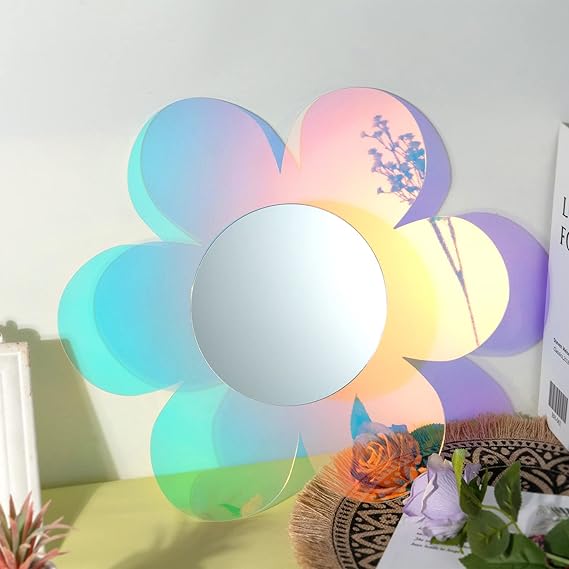 Irregular Wall Mirror Wavy Acrylic Rainbow Mirror Room Decor Aesthetic Mirror Amorphic Vanity Retro Mirror for Bedroom Living Room Bathroom Entryway Wall Decor (Flower Style,14.5 x 13 Inch)