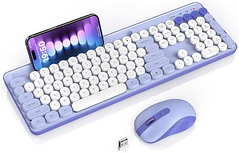 Wireless Keyboard and Mouse Combo, Retro Round Keycap Typewriter Keyboard with Phone/Tablet Holder, Cute Colorful Keyboard for Computer/Laptop/Windows/Mac by SABLUTE, Purple