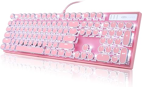 Camiysn Typewriter Style Mechanical Gaming Keyboard, Pink Retro Punk Gaming Keyboard with White Backlit, 104 Keys Blue Switch Wired Cute Keyboard, Round Keycaps for Windows/Mac/PC