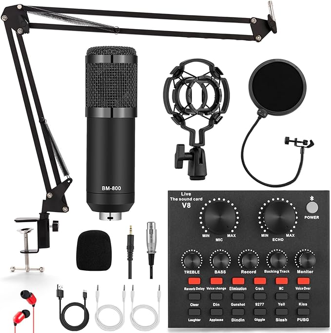 Podcast Equipment Bundle, Audio Interface with All-in-One Live Sound Card and Condenser Microphone, Perfect for Recording, Broadcasting, Live Streaming 