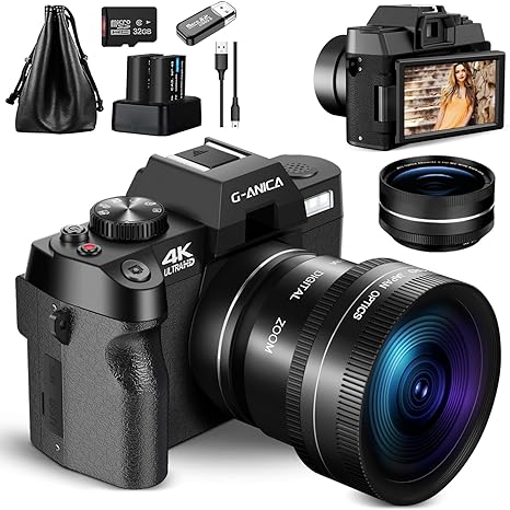 4K Digital Cameras for Photography，48MP/60FPS Video Camera for Vlogging, WiFi & App Control Vlogging Camera for YouTube, Small Camera with 32GB TF Card.Wide-Angle & Macro Lens