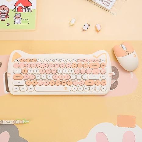 
Cute Cat Keyboard and Mouse Combo Wireless, Kawaii Keyboard and Mouse for Girls and Kids, Soundless Colorful Keys, Compatible with Notebook, PC (MilkTea-84Keys)