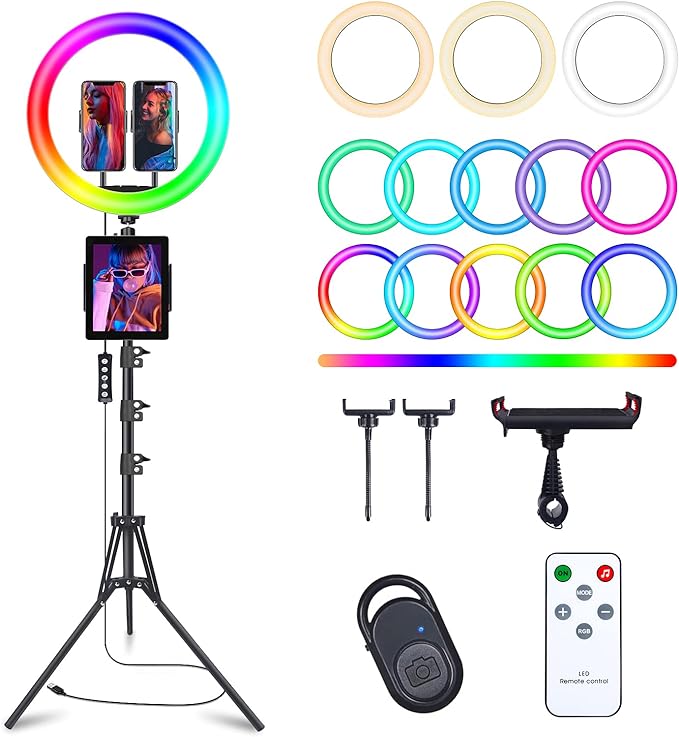 13" Selfie Ring Light with 63" Tripod Stand & 3 Phone Holder, LED Camera Ringlight with 48 RGB Colors Modes & Musical Rhythm Mode and 12 Brightness Dimmable for Makeup/Photography/Videos/Vlog/TikTok