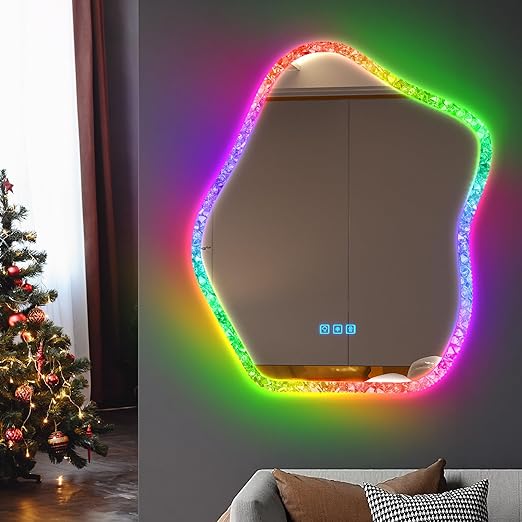 LVSOMT LED Irregular Wall Mirror with Lights, Bathroom Vanity Mirror 28 x 32 Inch, RGB Backlit Mirror with 14 Colors Lighting, Bathroom Mirror, Over Sink, Vanity Mirror