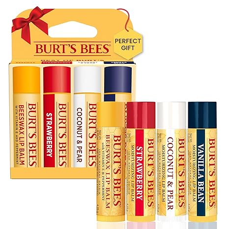 Burt's Bees Lip Balm Stocking Stuffers, Moisturizing Lip Care Christmas Gifts, Original Beeswax, Strawberry, Coconut & Pear, Vanilla Bean with Fruit Extracts, 100% Natural, Multipack (4-Pack)