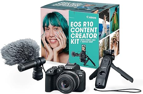 Canon EOS R10 Content Creator Kit - Mirrorless Vlogging Camera, 24.2 MP, 4K Video, DIGIC X Image Processor, RF-S18-45mm F4.5-6.3 is STM Lens - Stereo Microphone, Tripod Grip, Wireless Remote Control