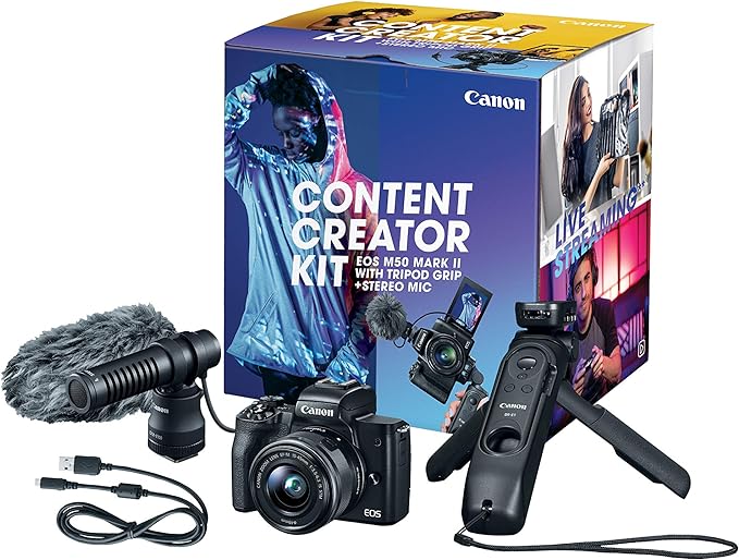 Canon EOS M50 Mark II Content Creator Kit, Mirrorless 4K Vlogging Camera Kit Includes EF-M 15-45mm Lens, Tripod Grip, Stereo Microphone Black