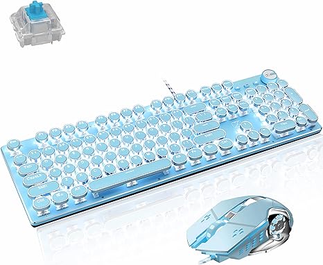 Basaltech Mechanical Gaming Keyboard and Mouse Combo, Retro Steampunk Vintage Typewriter-Style Keyboard with LED Backlit, 104-Key Anti-Ghosting Blue Switch Wired USB Metal Panel Round Keycaps, Blue