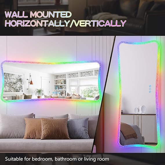 Lvifur RGB LED Full Length Mirror 48”x20”, Wall Mounted Hanging Mirror 7 Dynamic & 7 Static Modes Dimmable, Full Body Lighted Mirror for Bedroom, Cloak Room